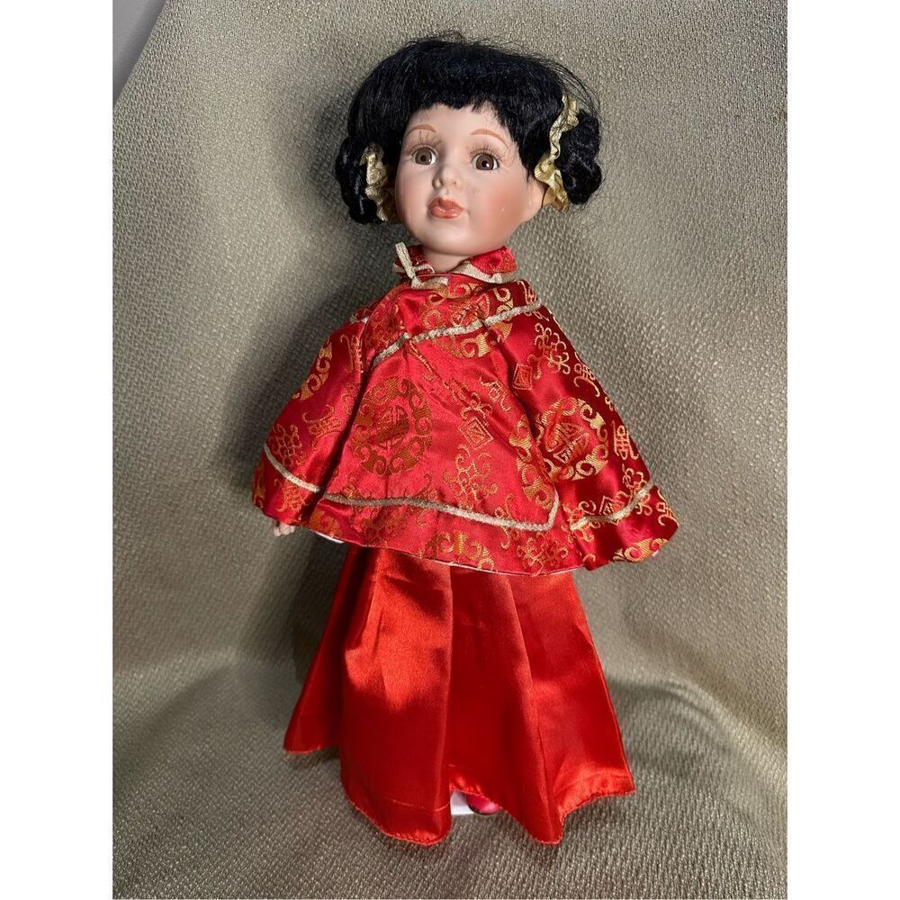 Unique Porcelain Asian Doll Red Traditional Outfit Dark Hair 15” with Stand